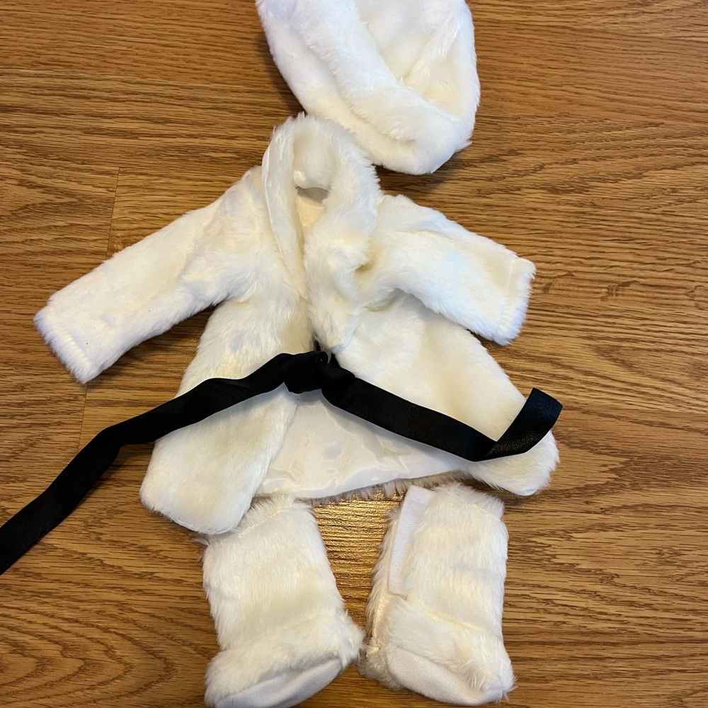 White Faux Fur 18” Doll Coat Set with Black Ribbon Belt